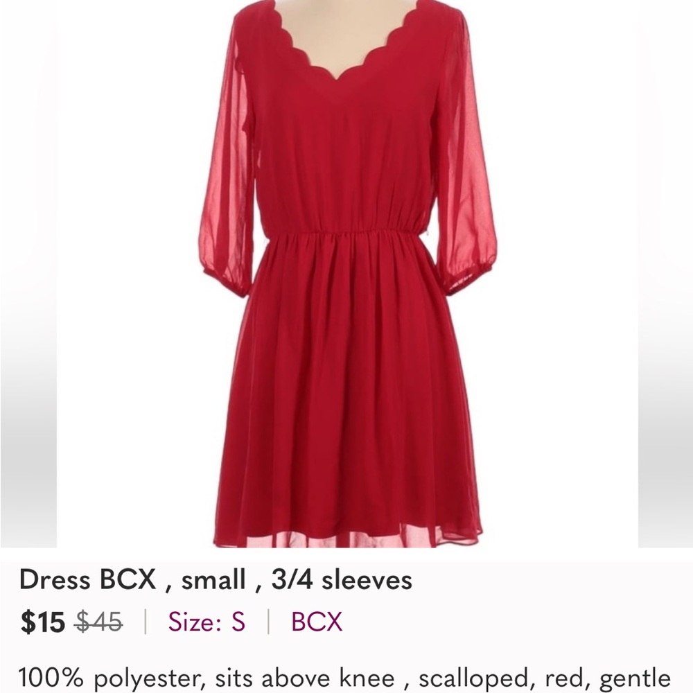 Red dress by BCX, size small, 3/4 length sleeves party dress, wedding guest